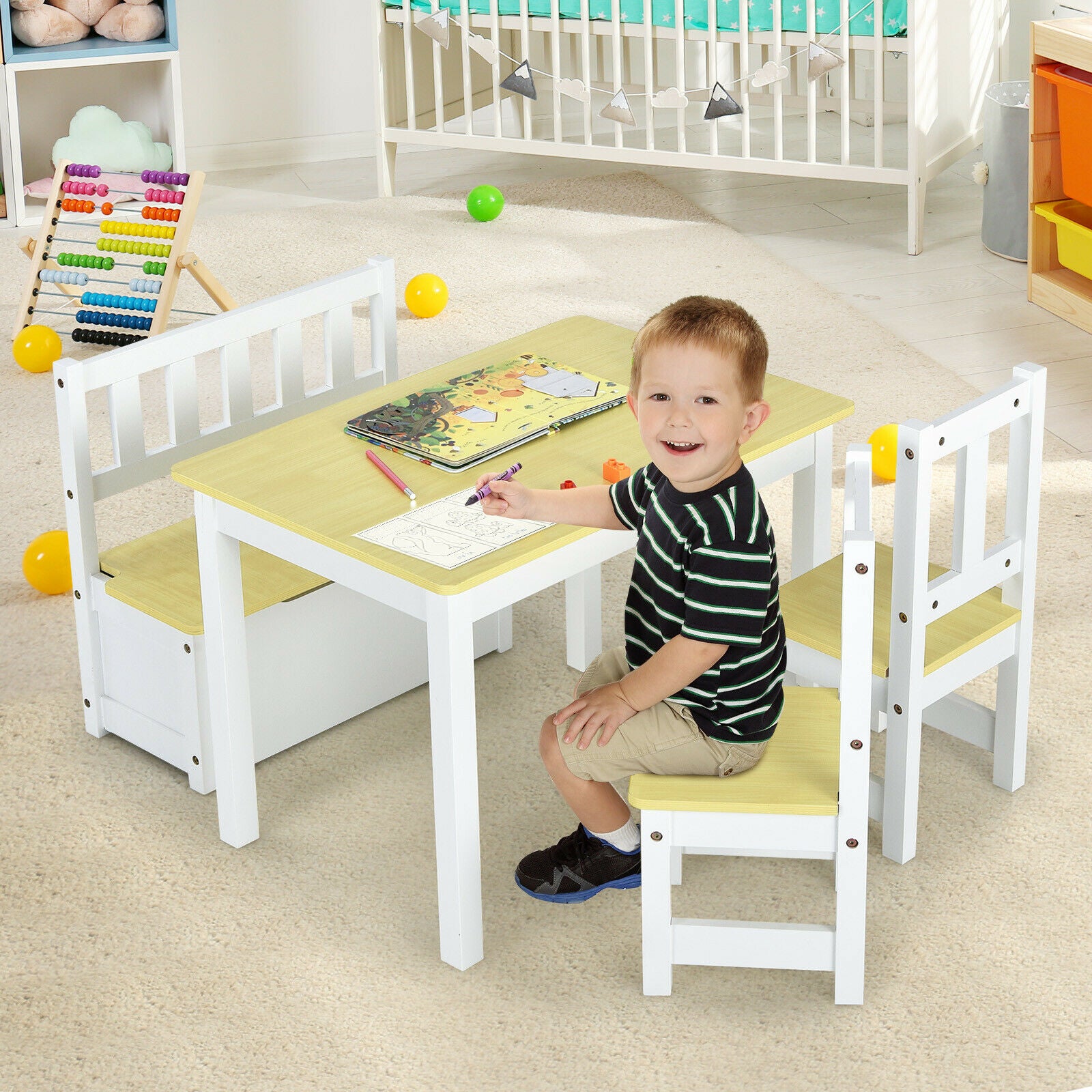 4 PCS Kids Wooden Activity Table & Chairs Set w/Storage Bench Study Desk