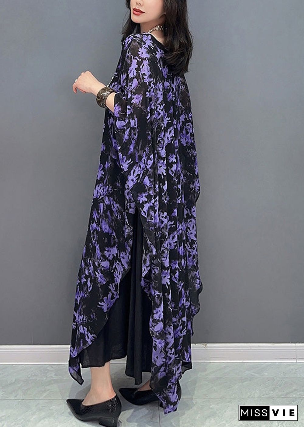 Loose Purple O-Neck Print Maxi Dress Summer