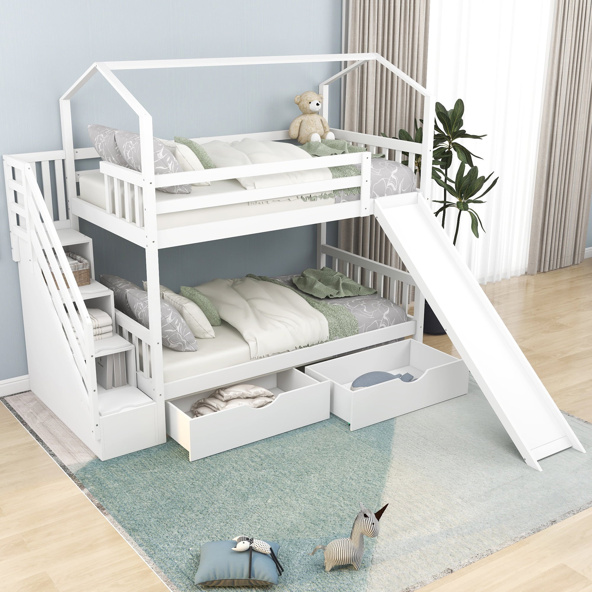 Euroco Twin House Bunk Bed with Storage for Kids, White