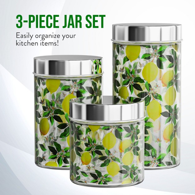 American Atelier Glass Set Of 3 Jars Lemon Design Airtight Metal Lid Food Storage Containers 30 44 And 59 ounce Capacity Dishwasher Safe