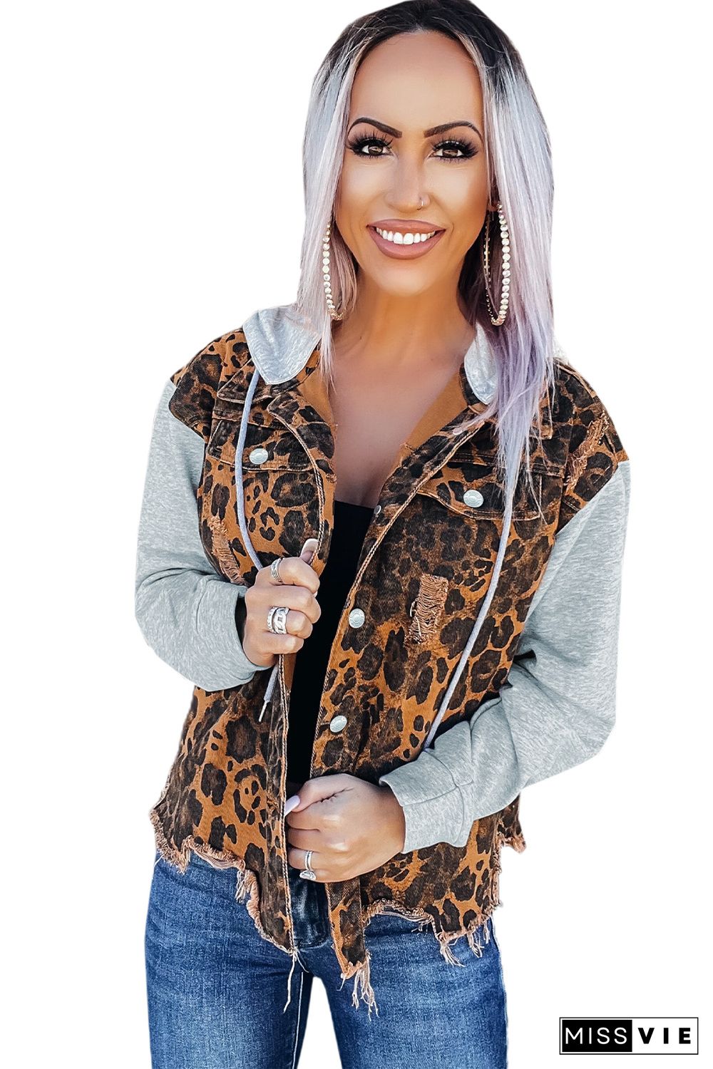 Leopard Ripped Hooded Denim Jacket