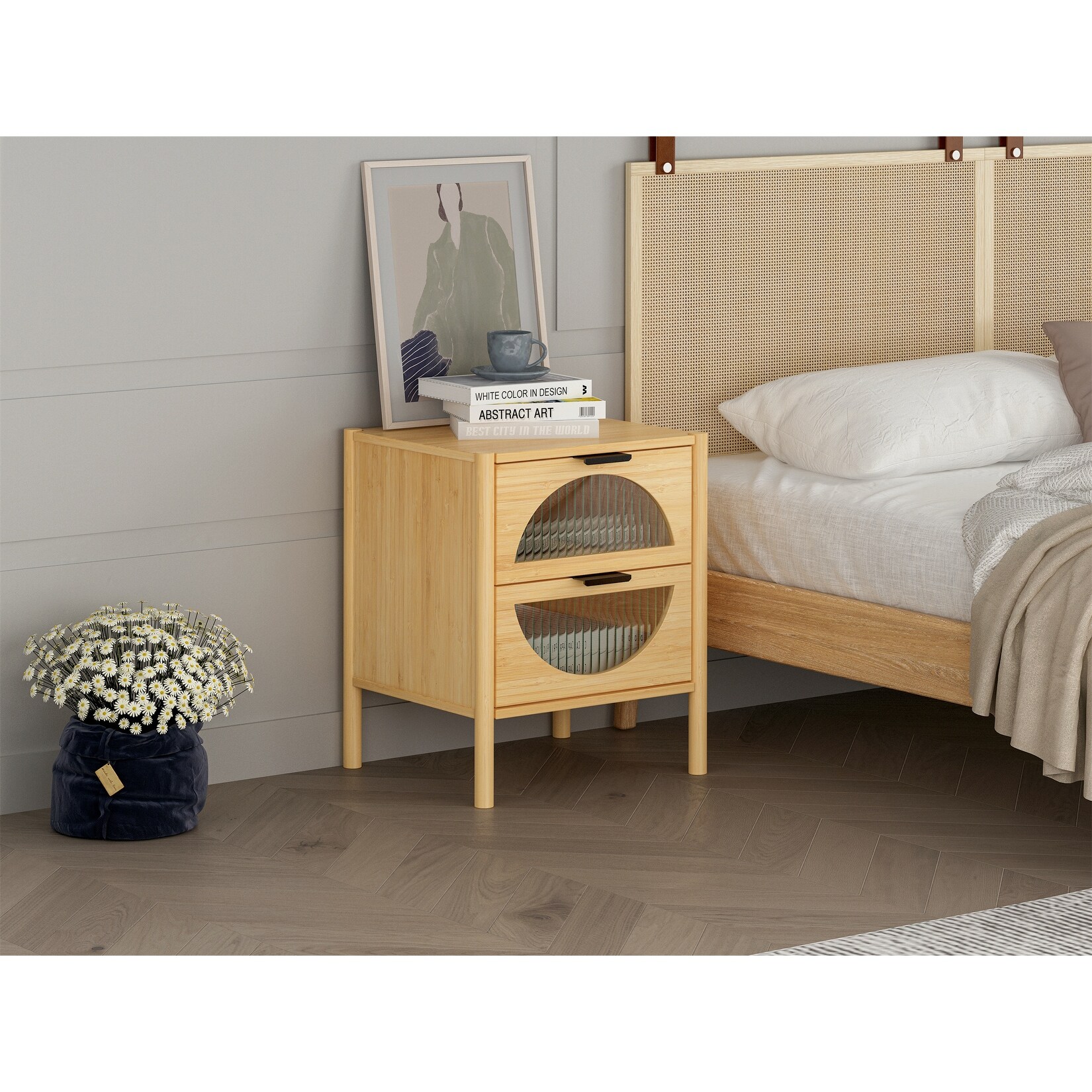 2 Drawer End Table Bamboo Side Table for Bedroom Living Room