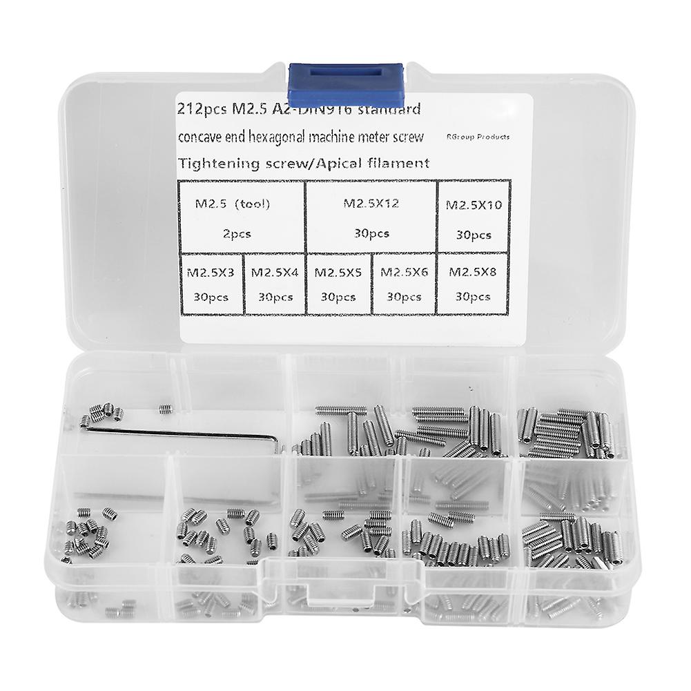 212Pcs Set Screws Stainless Steel M2.5 A2-DIN916 Inner Hex Concave End Tighten Fasteners