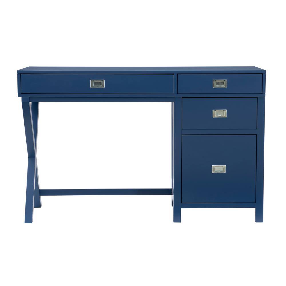 Linon Home Decor Sara 48 in. W Rectangle Navy Blue Wood 4-Drawer Computer Desk with Side Storage THD02966