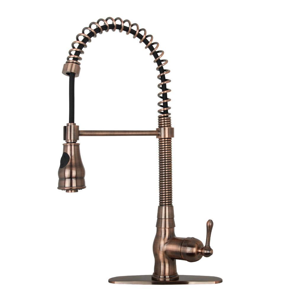 Akicon Single-Handle Pre-Rinse Spring Pull-Down Sprayer Kitchen Faucet in Antique Copper AK96518A-AC