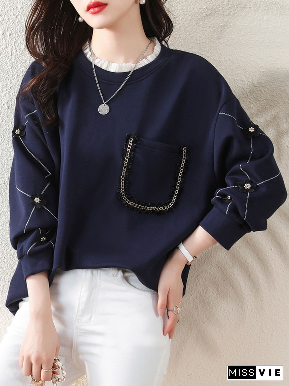 Long Sleeves Loose Chains Pockets Ruffled Split-Joint Three-Dimensional Flower Round-Neck T-Shirts Tops