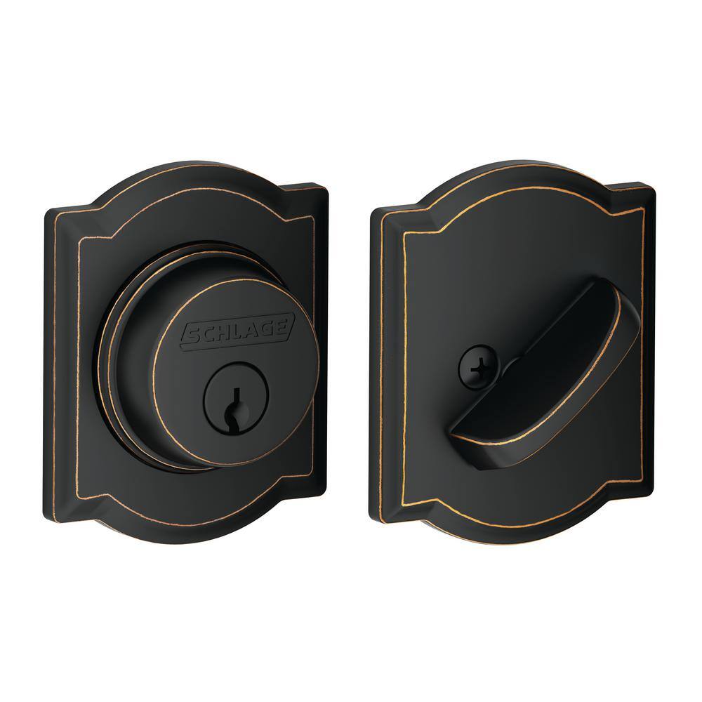 Schlage Georgian Aged Bronze Single Cylinder Deadbolt and Keyed Entry Door Knob with Camelot Trim Combo Pack FB55N V GEO 716 CAM