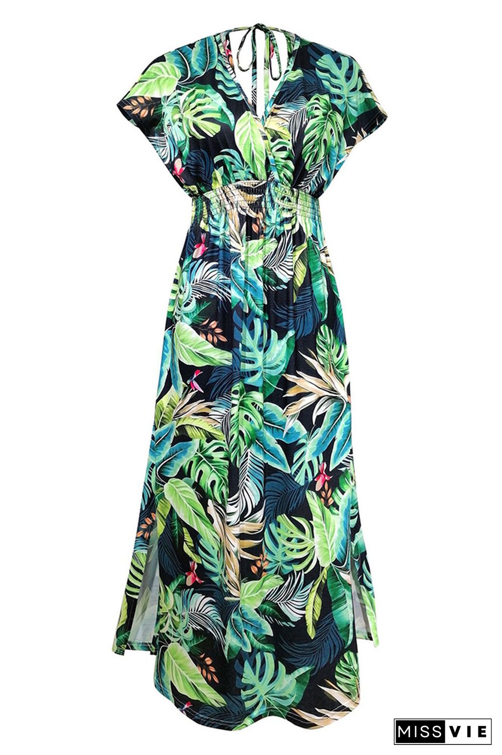 Printed V Neck Smocked Waist Maxi Dress