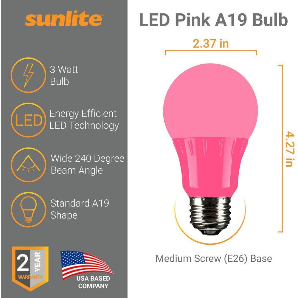 Sunlite 22-Watt Equivalent A19 LED Pink Light Bulbs Medium E26 Base in Pink (3-Pack) HD02220-3