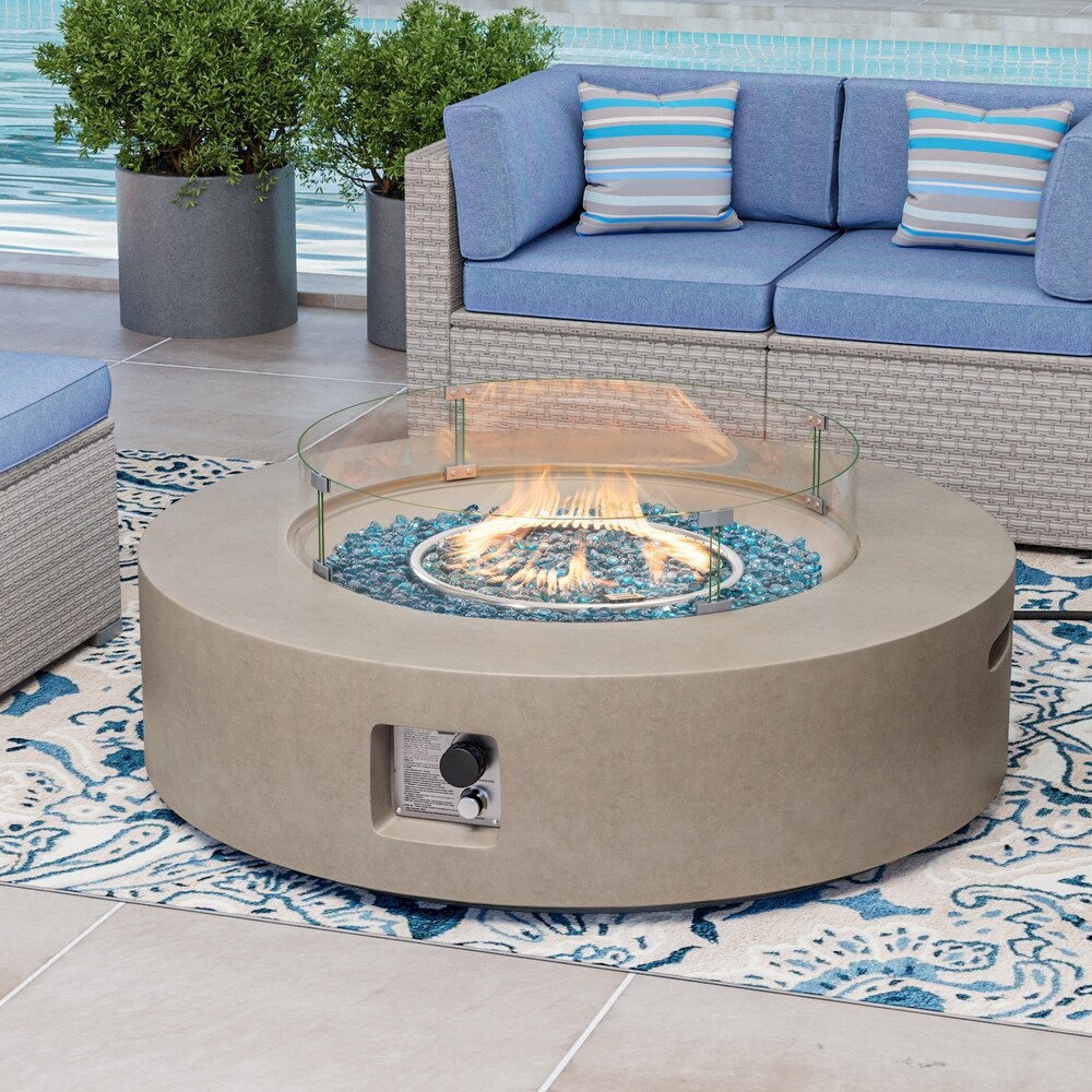 COSIEST Outdoor Round Propane Fire Pit w Wind Guard and Fire Glass