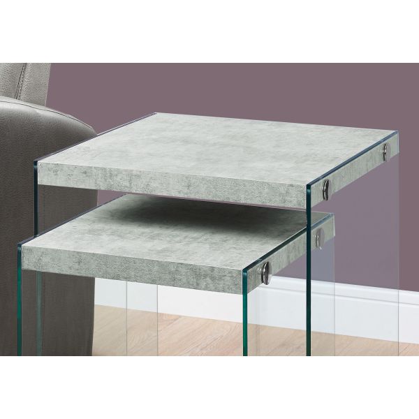 Nesting Table， Set Of 2， Side， End， Accent， Living Room， Bedroom， Grey Laminate， Clear Tempered Glass， Contemporary， Modern