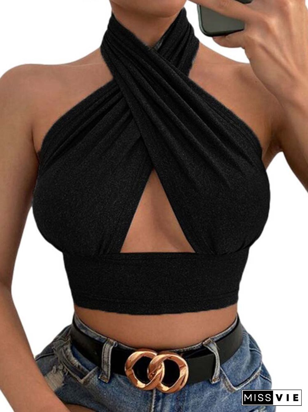 Women Summer Tank Tops Sexy Solid Color Cross Halter Neck Push Up Hollow Crop Tops New Fashion