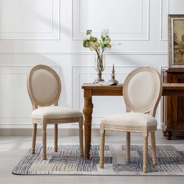 2Pcs Solid Wood Dining Chairs with Oval Backrest and Linen Cushoin