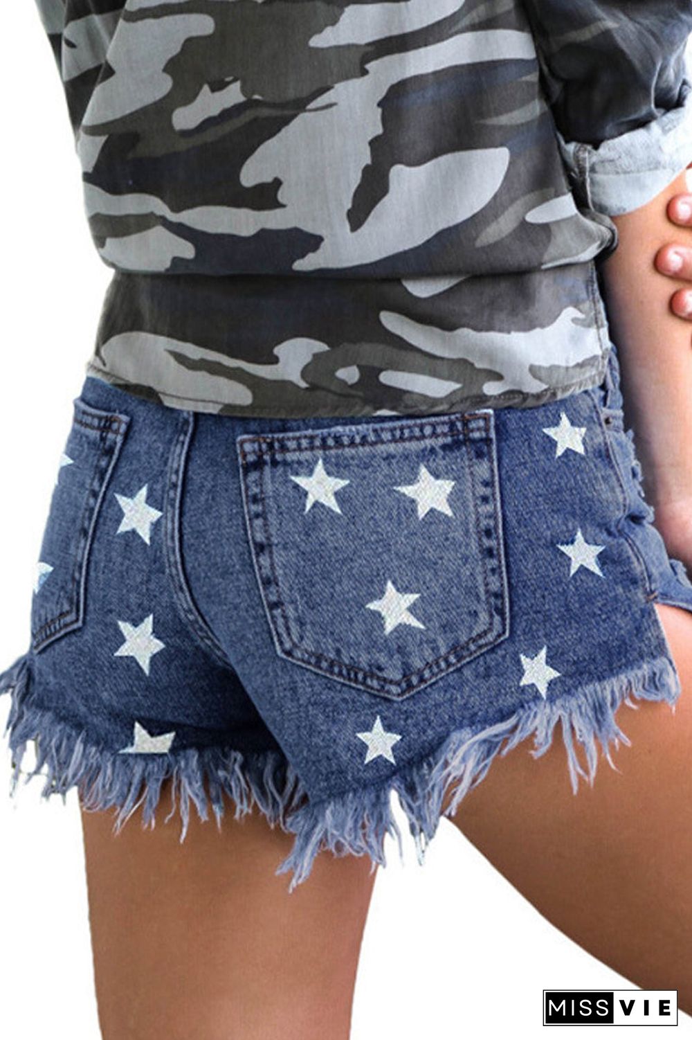 Star Printed Tassel Denim Hole Shorts