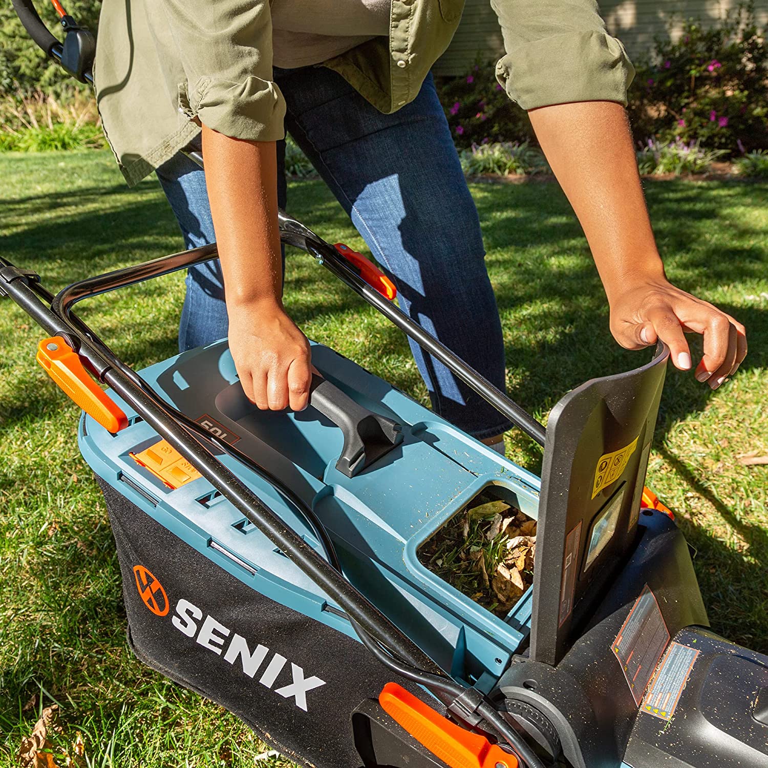 SENIX Electric Lawn Mower， 17-Inch， 58V Max* Cordless Lawn Mower with Brushless Motor， 6-Position Height Adjustment， 2.5Ah Lithium Ion Battery and Charger Included， LPPX5-M， Blue