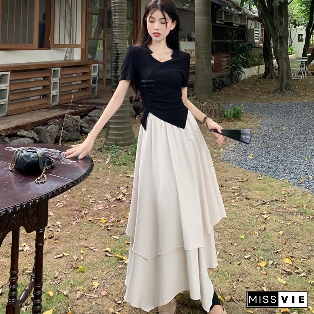 Vintage Buckle Irregular T-Shirt Layered Midi Skirt