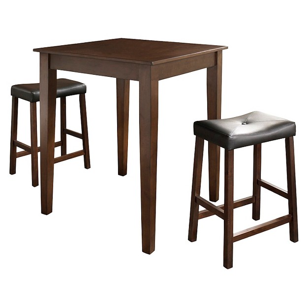 3pc Pub Dining Set With Tapered Leg And Upholstered Saddle Stools Vintage Mahogany Finish Crosley