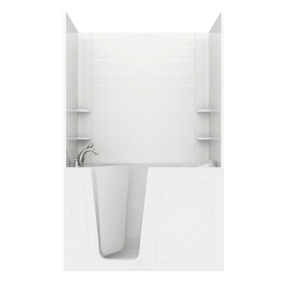 Rampart 5 ft. Walk-in Non-Whirlpool Bathtub with 6 in. Tile Easy Up Adhesive Wall Surround in White H3260LWSCC