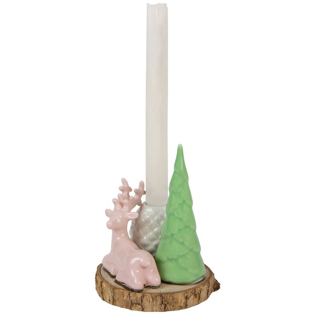 Pink Reindeer With Tree And Pine Cone Christmas Taper Candle Holder