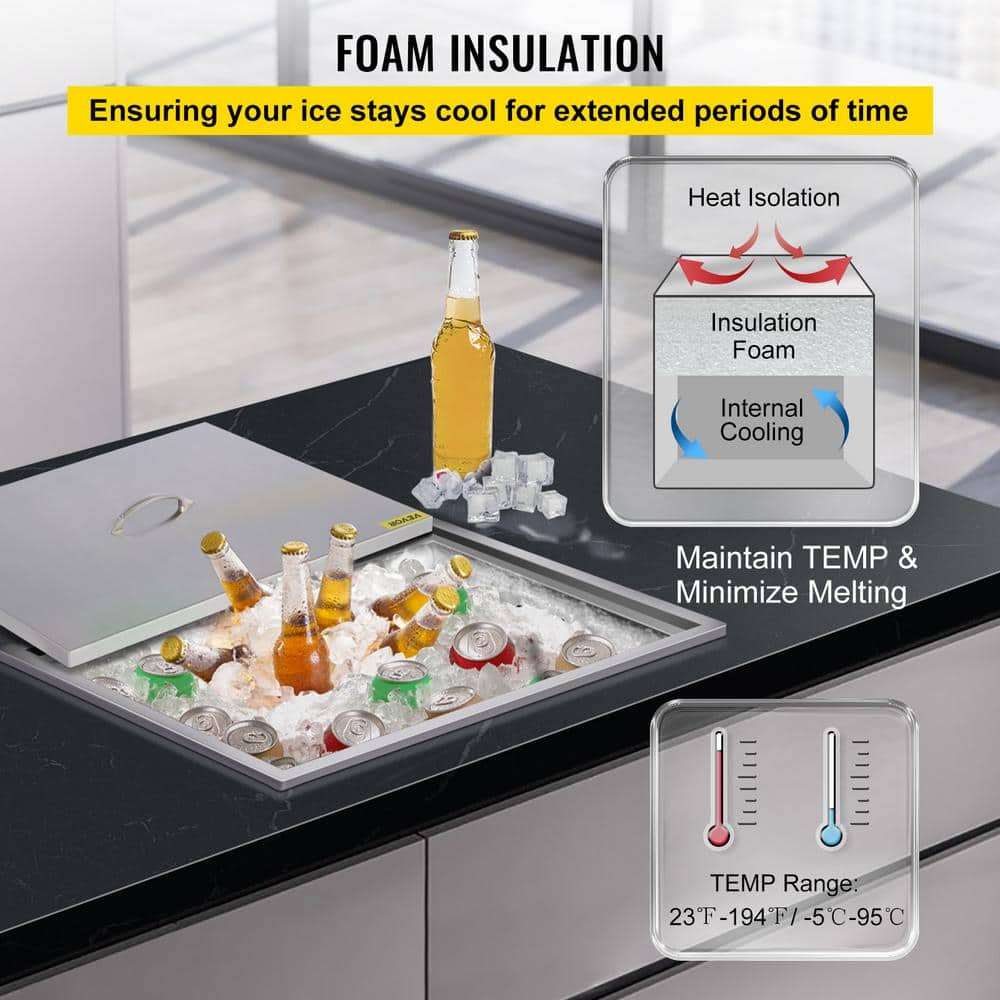 VEVOR Drop In Ice Chest 21.2 in. L x 16.8 in. W x 17.6 in. H Stainless Steel Drop In Cooler with Drain Tube Drop In Ice Bin JG21.2X16.8000001V0
