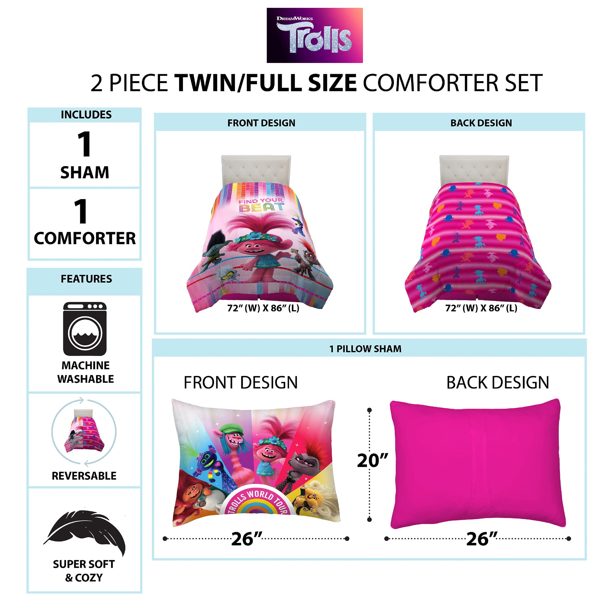 Trolls 2 Kids Comforter and Sham， 2-Piece Set， Twin/Full， Reversible， Pink， DreamWorks