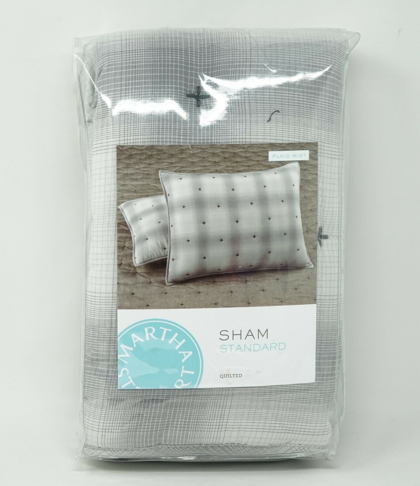 Martha Stewart Cotton Reversible Plaid Mist Quilted Pillow Sham -STANDARD - Gray