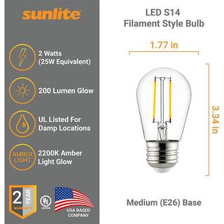 Sunlite 25-Watt Equivalent S14 Dimmable Edison Filament E26 Base String LED Light Bulb in Amber 2200K (6-Pack) HD03721-6