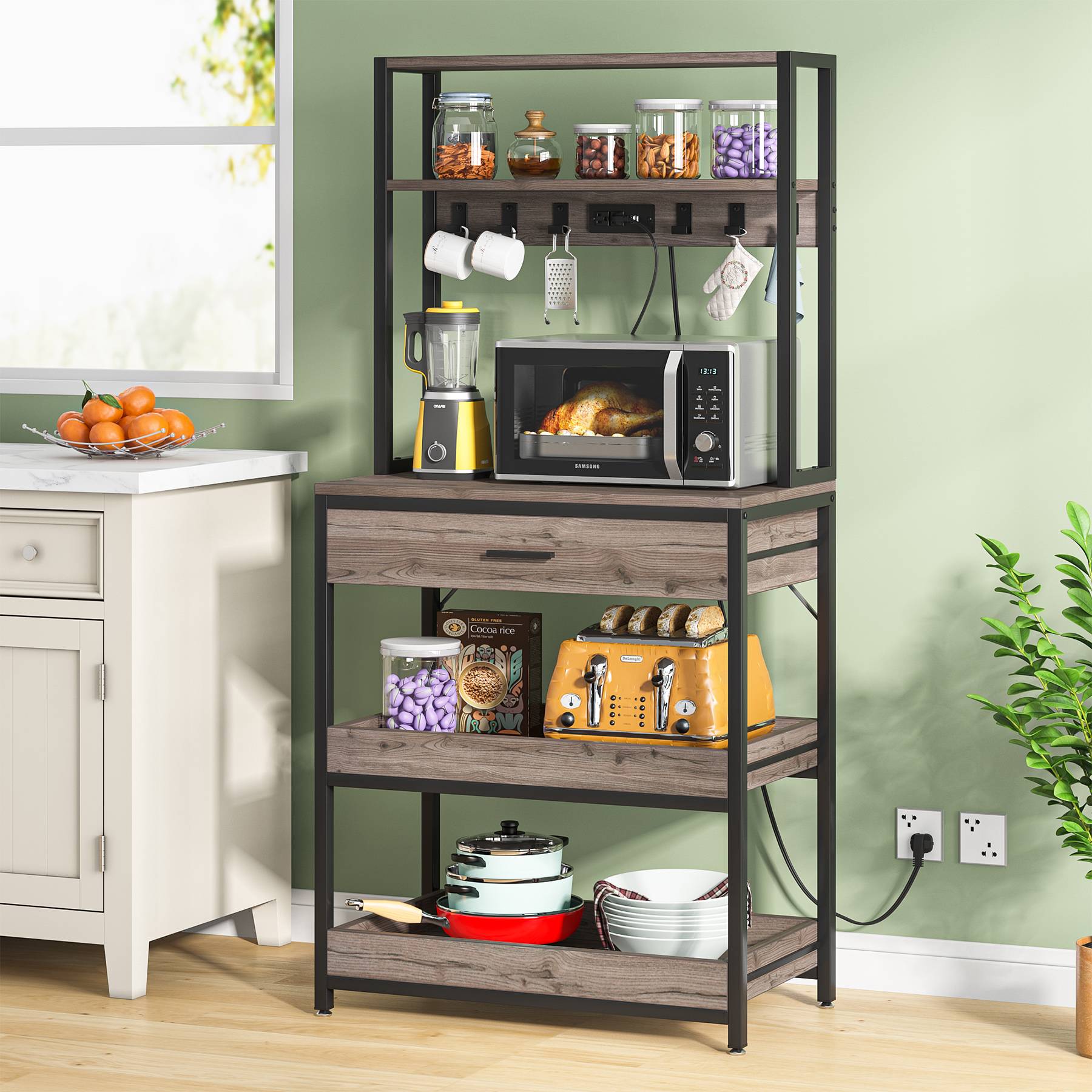 5-Tier Kitchen Baker's Rack with Power Outlets, Drawer & Sliding Shelves