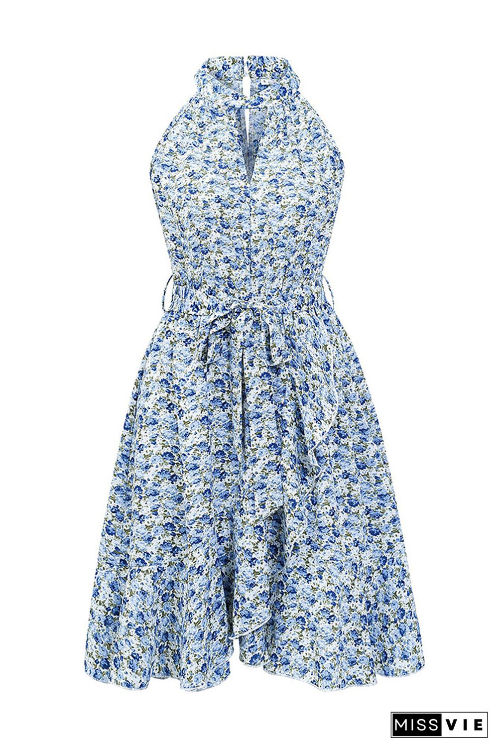 Twisted High Collar Hollow Out Sleeveless Floral Dress