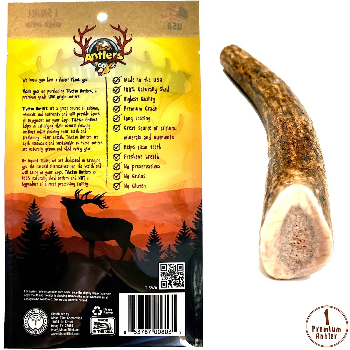 Tibetan Dog Chew Whole Antler Grain-Free Dog Treat， 1 count， Small