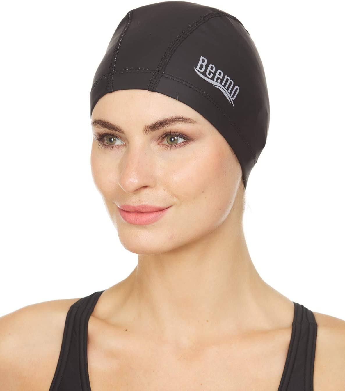 Beemo Latex Lycra Swim Cap for Long or Short Hair - Stretchable Head Cap - Black