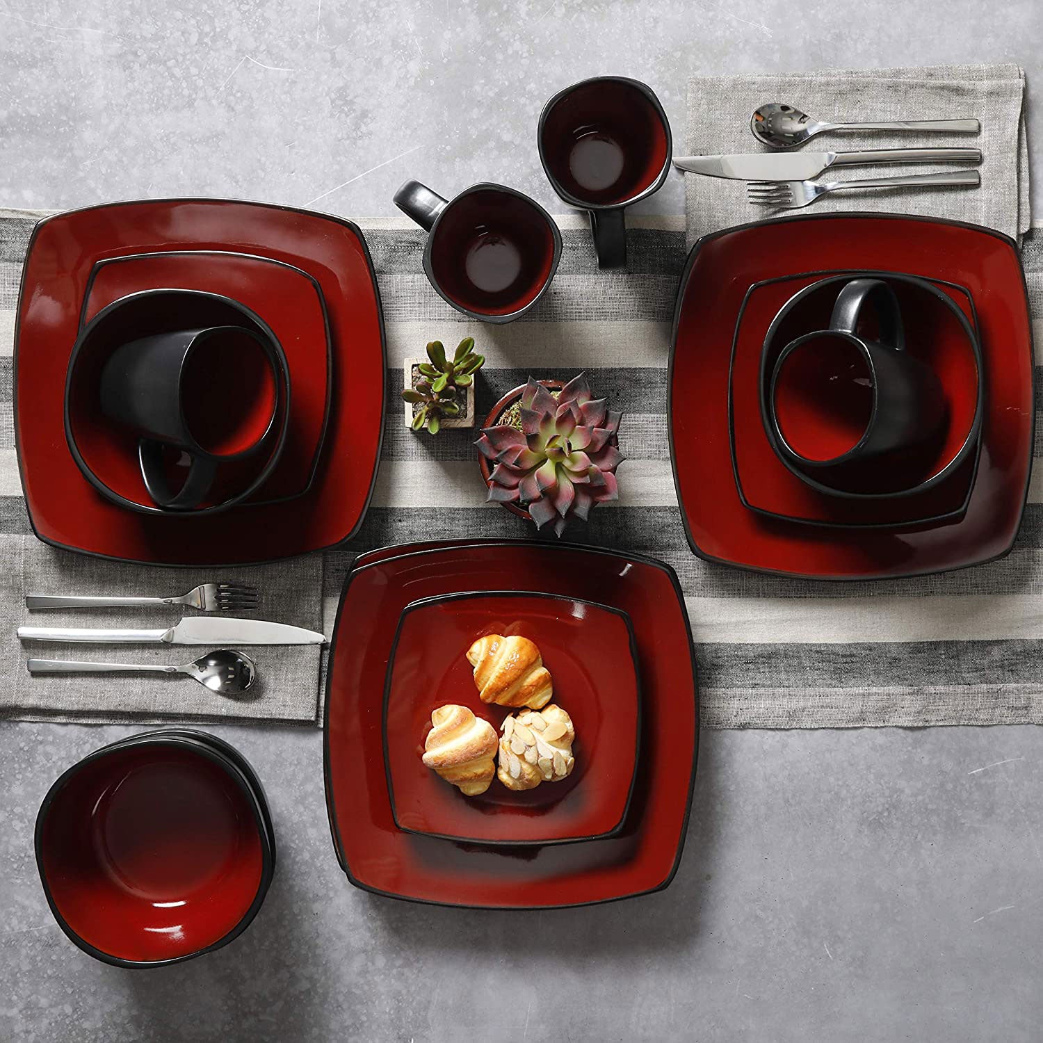 Gibson Soho Lounge 16 Piece Reactive Glaze Plates, Bowls, & Mugs, Red (Open Box)