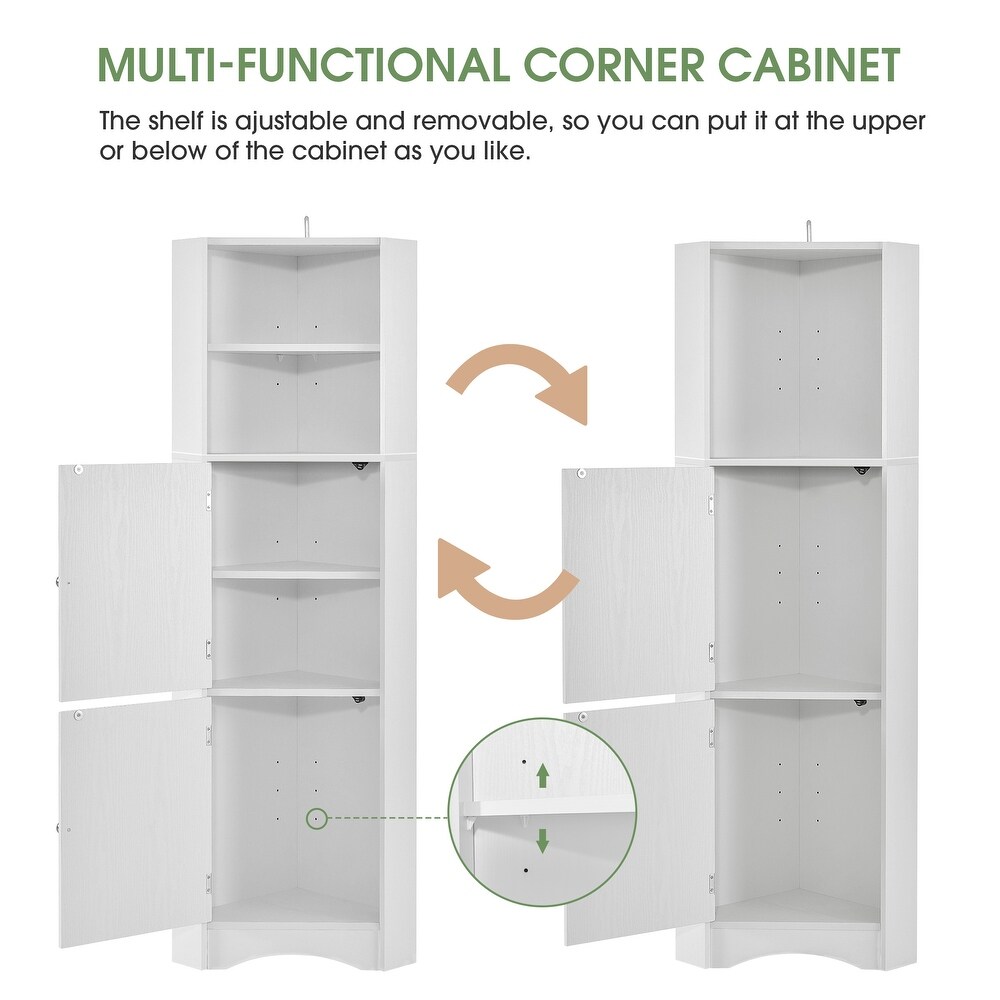 Tall Bathroom White Corner Cabinet  Freestanding Floor Storage Organizer Bookcase with Adjustable Shelves and Doors for Office