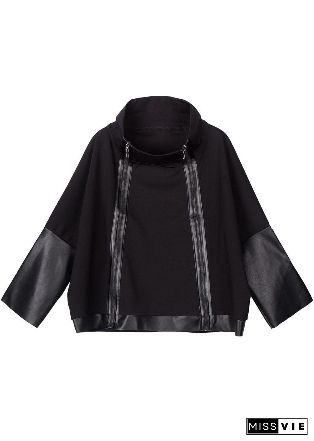 Simple Black Stand Collar Zippered PU Patchwork Fall Long sleeve Coat