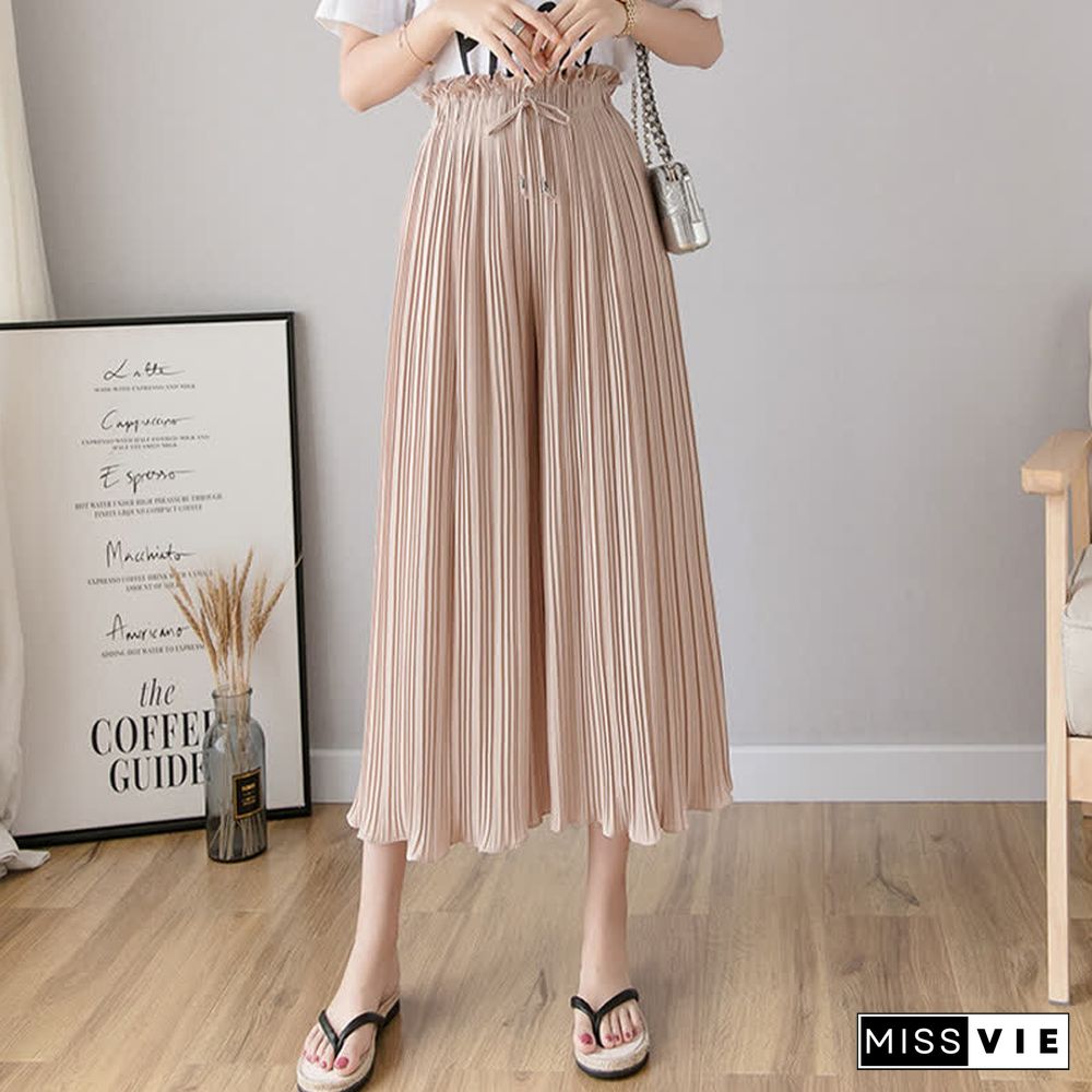 High Waist Chiffon Wide Leg Pleated Casual Pants