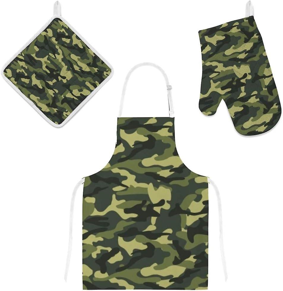 Insulation Kitchen Oven Mitts Potholder Apron 3pcs Set Camouflage Pattern Non Slip Heat Resistant Gloves For Baking Cooking Bbq