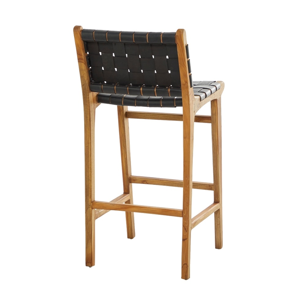 Camel Brown or Black Teak Wood Woven Leather Seat and Back Bar Stool with Beam Footrest   18 x 18 x 40