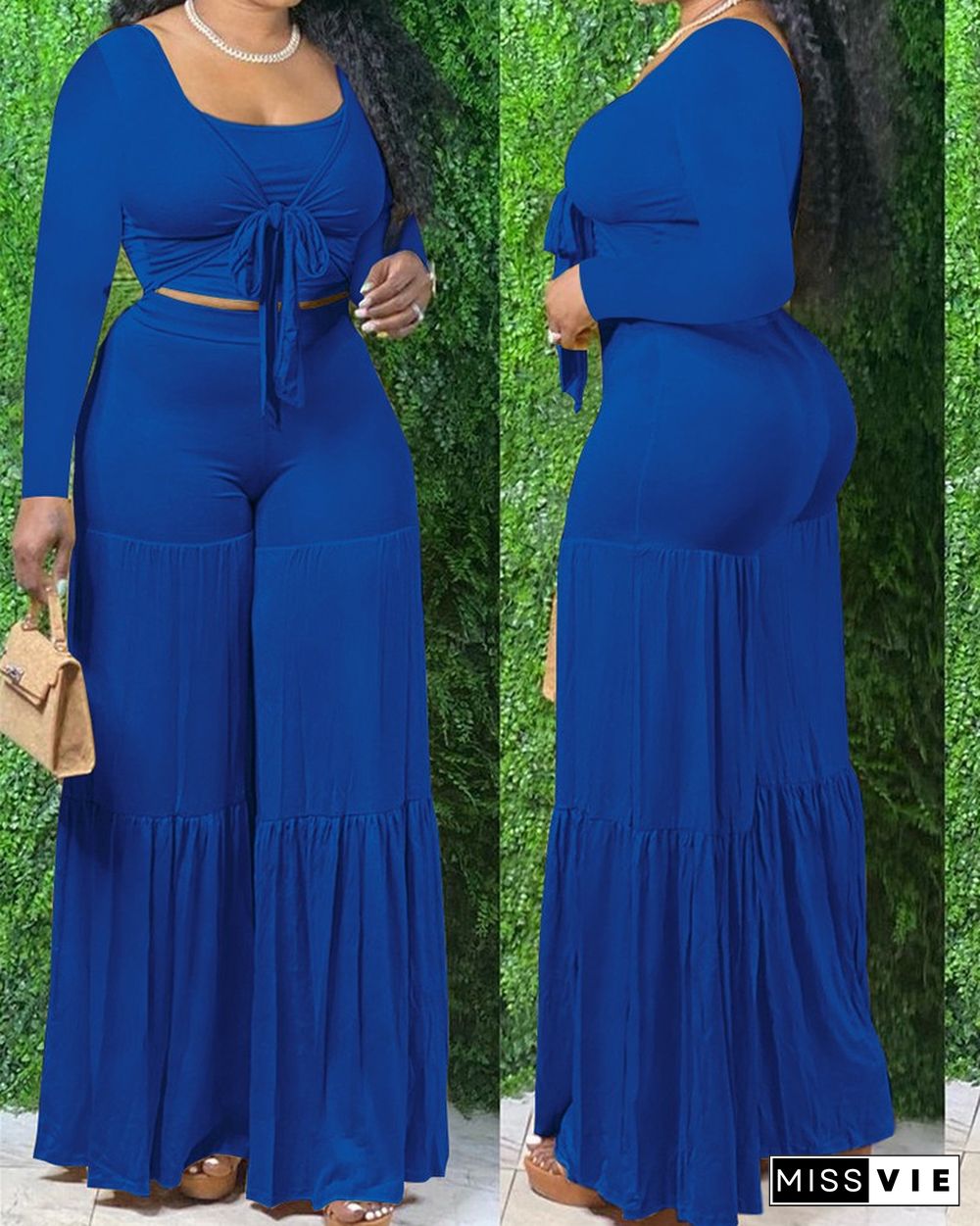 Solid Knot Front Crop Top & Wide Leg Pants Set