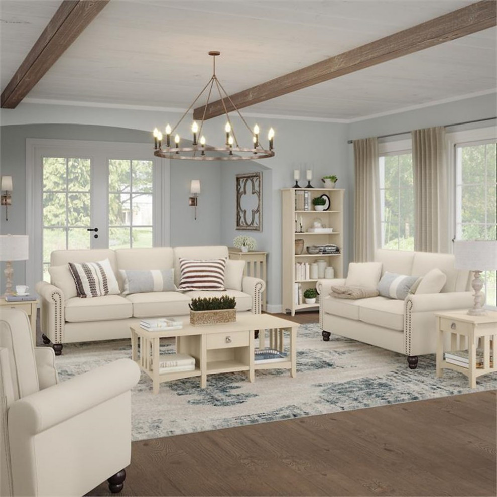 Pemberly Row 111W L Shaped Sectional in Cream Herringbone Fabric   Traditional   Sectional Sofas   by Homesquare  Houzz