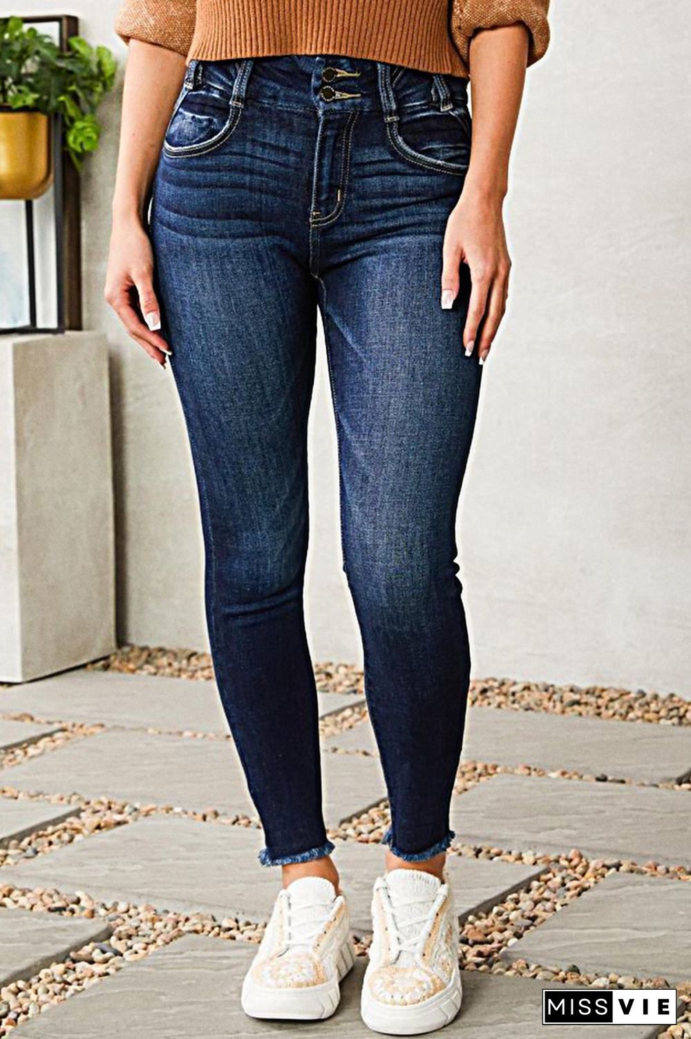 Raw Hem Button Up Mid Rise Skinny Jeans