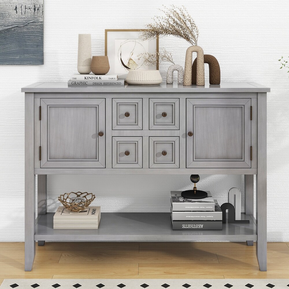 Antique Gray Wood 4 drawer Buffet Sideboard Console Table with Bottom Shelf