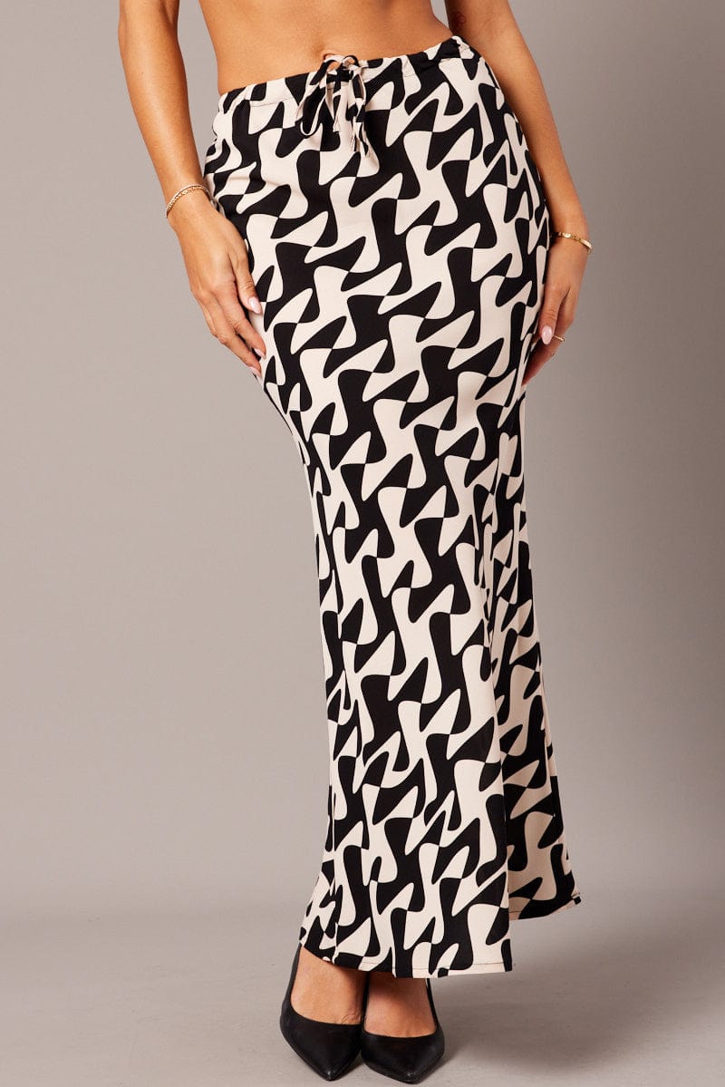 Black Geo Slip Skirt Maxi Drawstring Waist