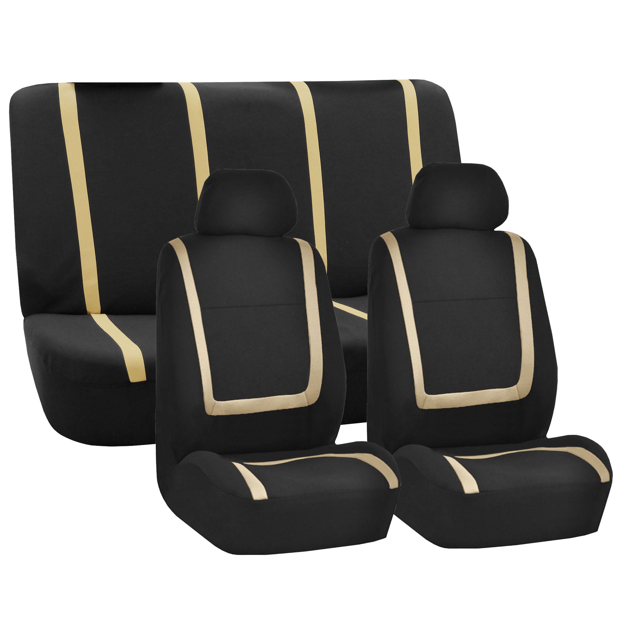 FH Group Car Seat Covers Beige Black Full Set for Auto w/Beige Leather Steering Cover