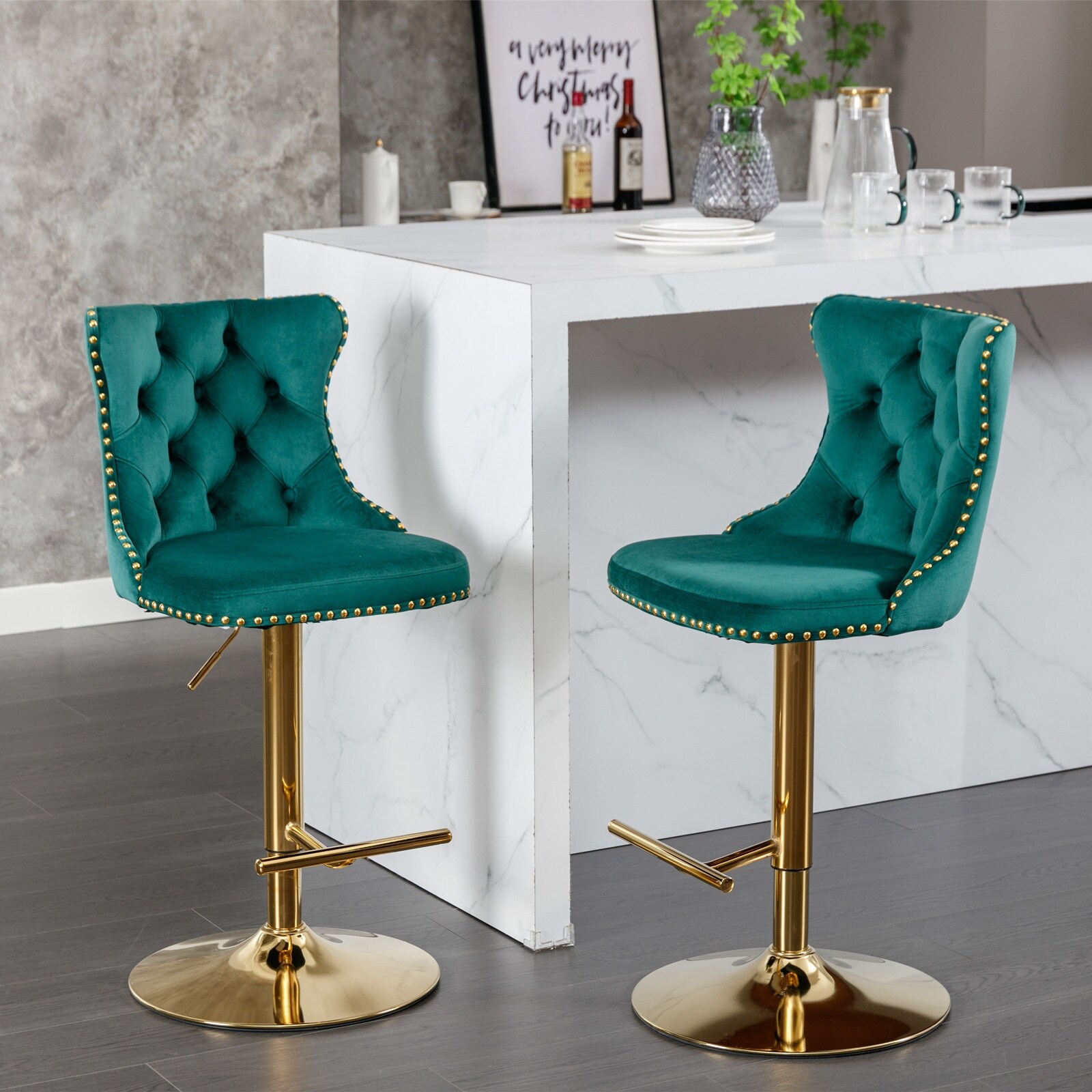 Golden Swivel Velvet Barstools Adjusatble Seat Height from 25-33 Inch， Modern Upholstered Bar Stools