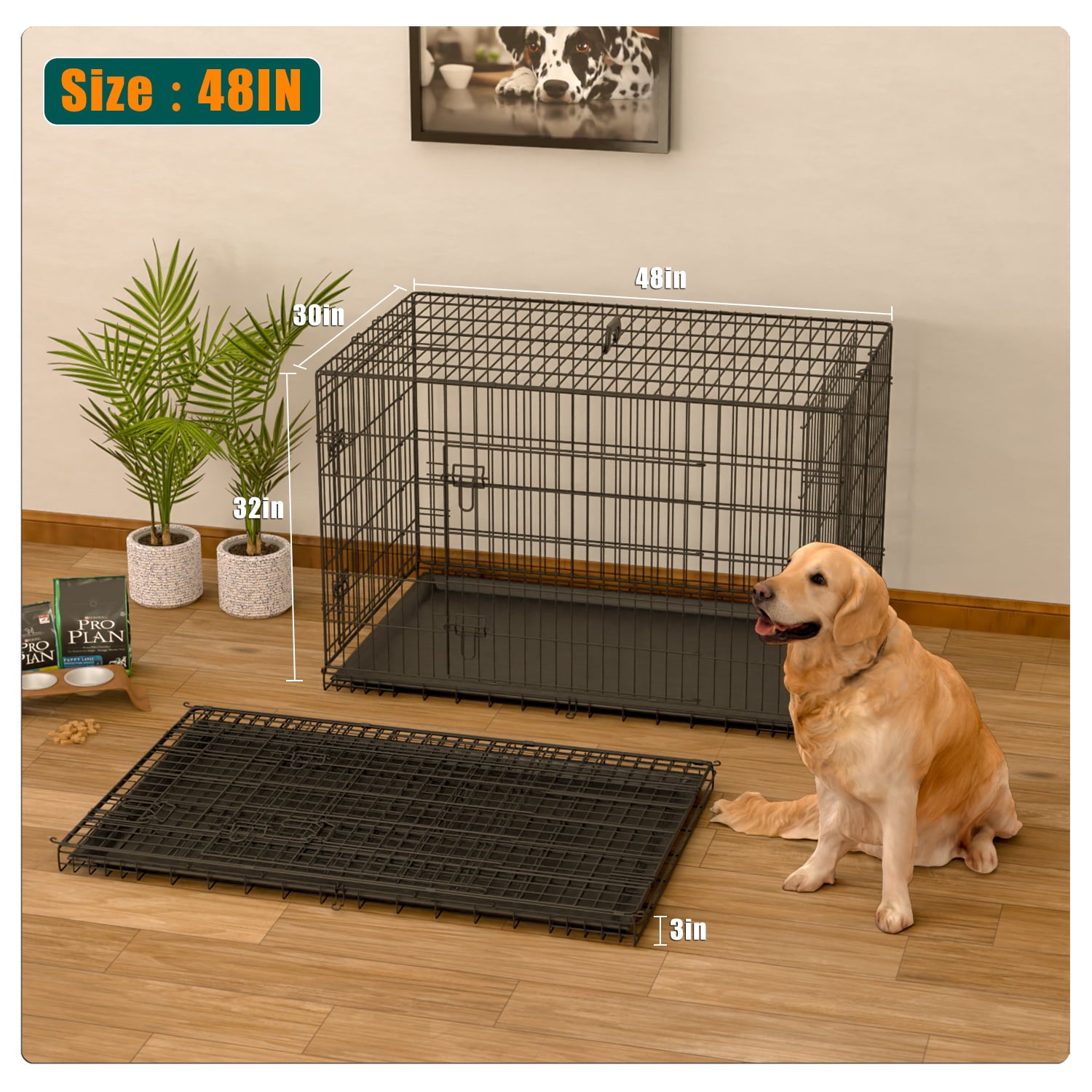 Homy Grigio Large Dog Crate for Large Dogs Cats， 48 inch Dog Crate XL Folding Wire Crates Dog Kennels Outdoor and Indoor Pet Dog Cage with Double-Door Divider Removable Tray