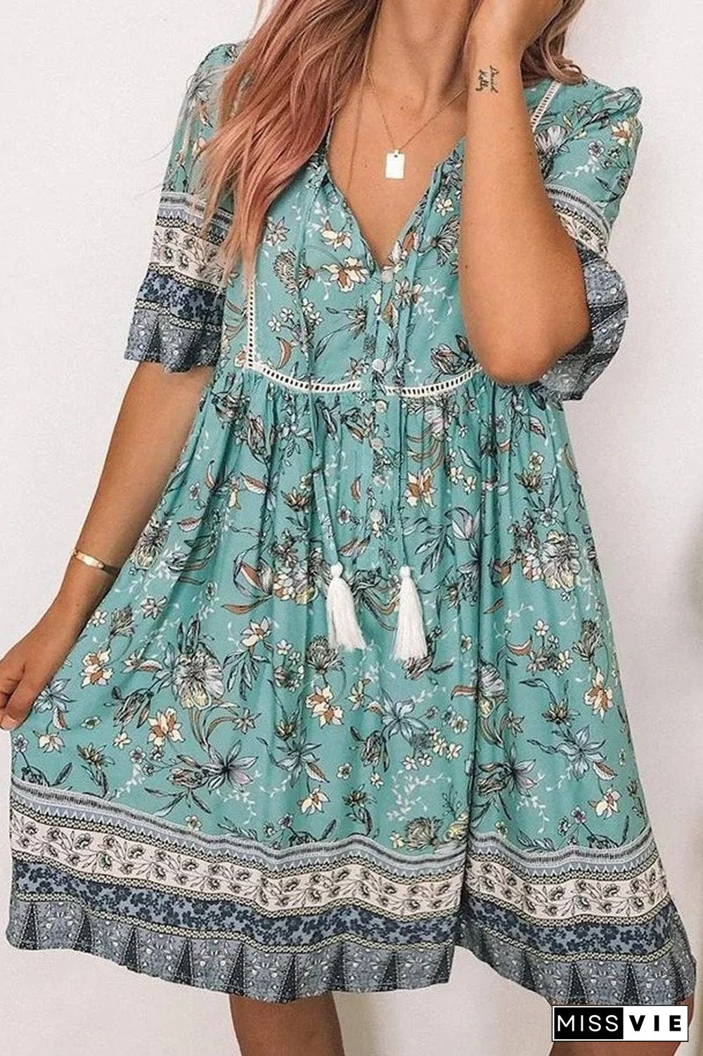 V-Neck Floral Half Sleeve Tassel Dress