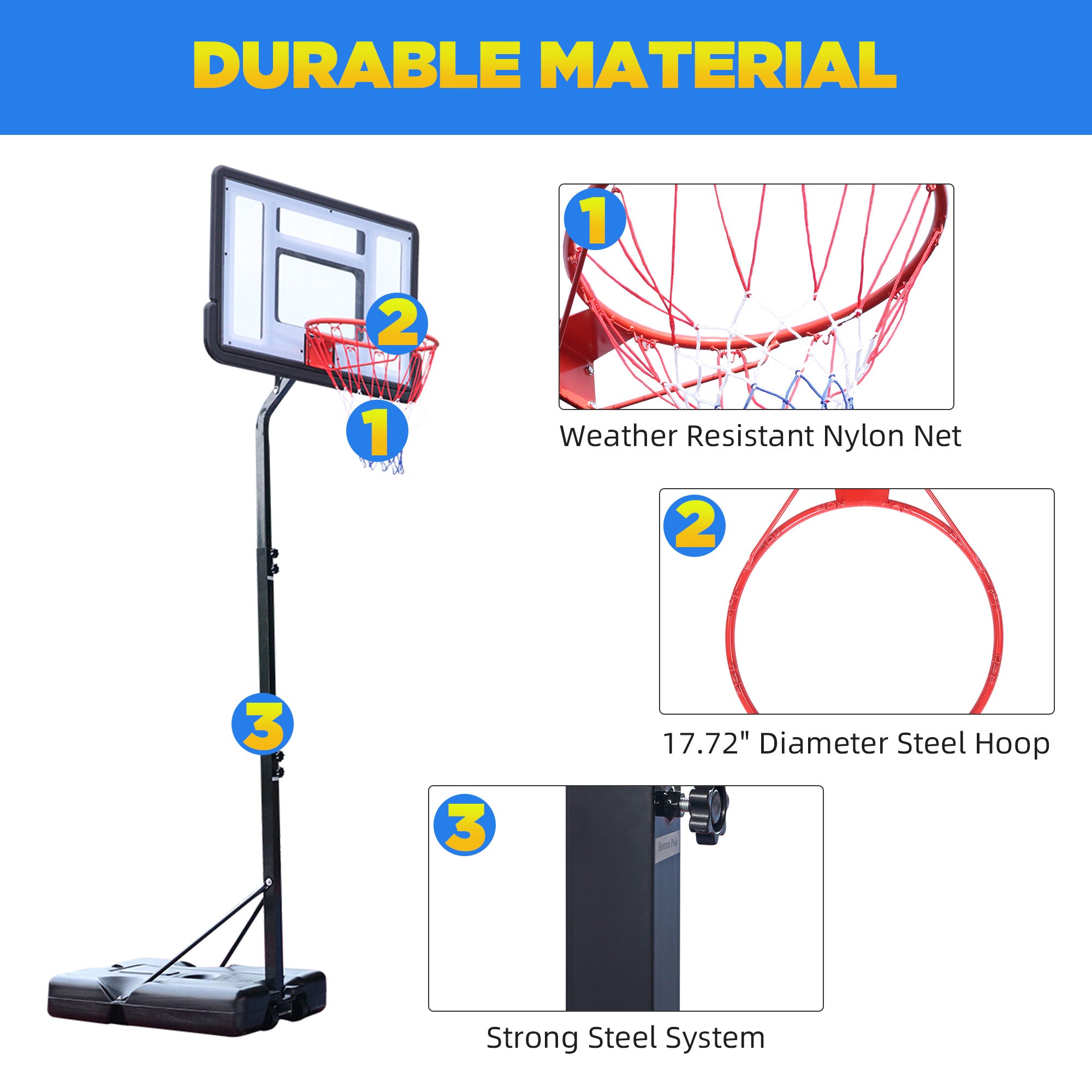 Outdoor Basketball Hoop Stand， Sesslife 7ft-8.5ft Height Adjustable Portable Basketball System w/Wheels and 34 Inch Shatterproof Backboard for Court Backyard， Black and Clear