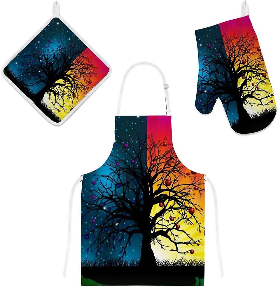 Insulation Kitchen Oven Mitts Potholder Apron 3pcs Set Abstract Daynight Vision Non Slip Heat Resistant Gloves For Baking Cooking Bbq