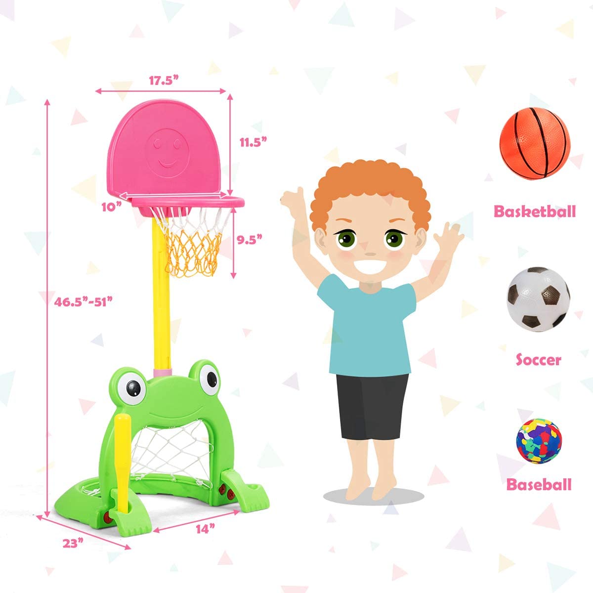 Costzon Kids Basketball Hoop Set, Kids 3-in-1 Sports Set for Basketball (Cute Frog)