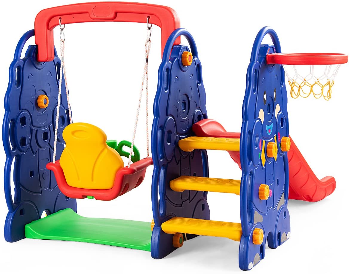 Costzon Toddler Climber and Swing Set, 4 in 1 Climber Slide Playset w/Basketball Hoop